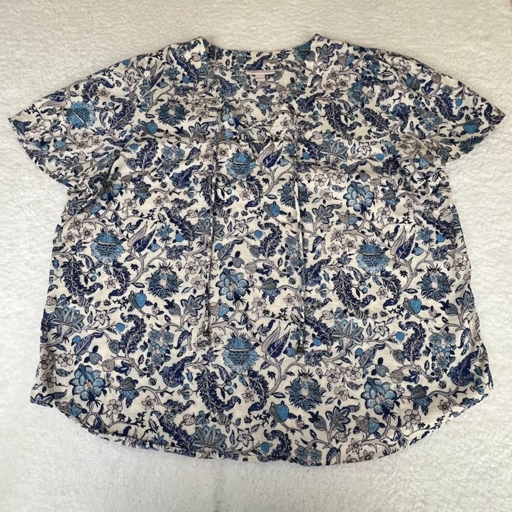 Knox‎ Rose Blouse XL Blue Floral Boho Peasant Tie Neck Short Sleeve Top
